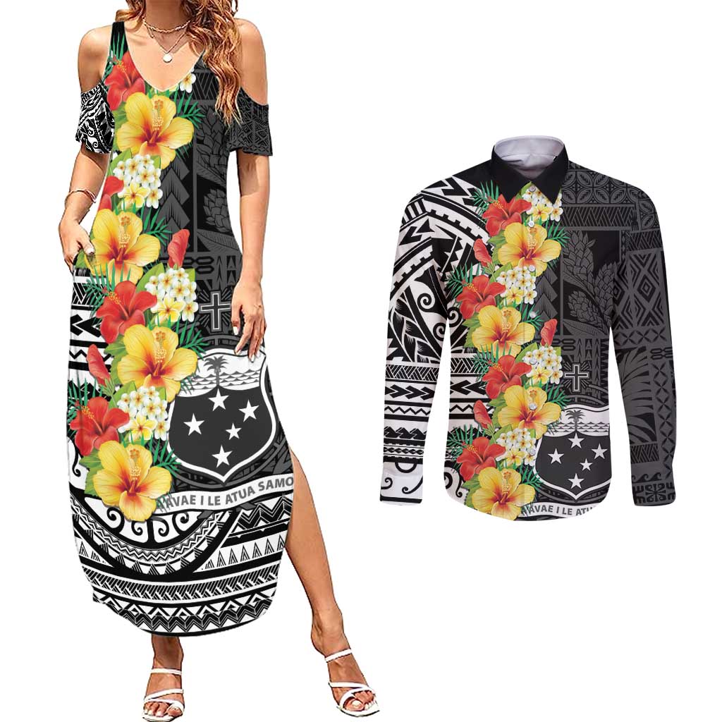 Samoa Tribal Hibiscus Flowers Couples Matching Summer Maxi Dress and Long Sleeve Button Shirt