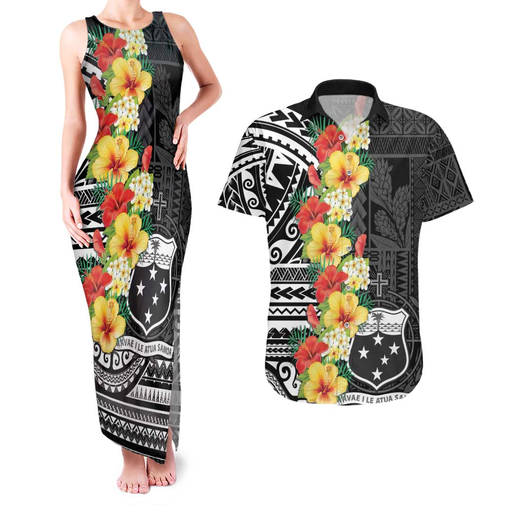 Samoa Tribal Hibiscus Flowers Couples Matching Tank Maxi Dress and Hawaiian Shirt