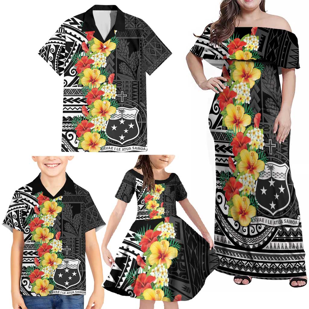 Samoa Tribal Hibiscus Flowers Family Matching Off Shoulder Maxi Dress and Hawaiian Shirt