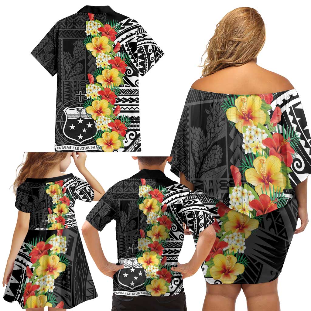 Samoa Tribal Hibiscus Flowers Family Matching Off Shoulder Short Dress and Hawaiian Shirt