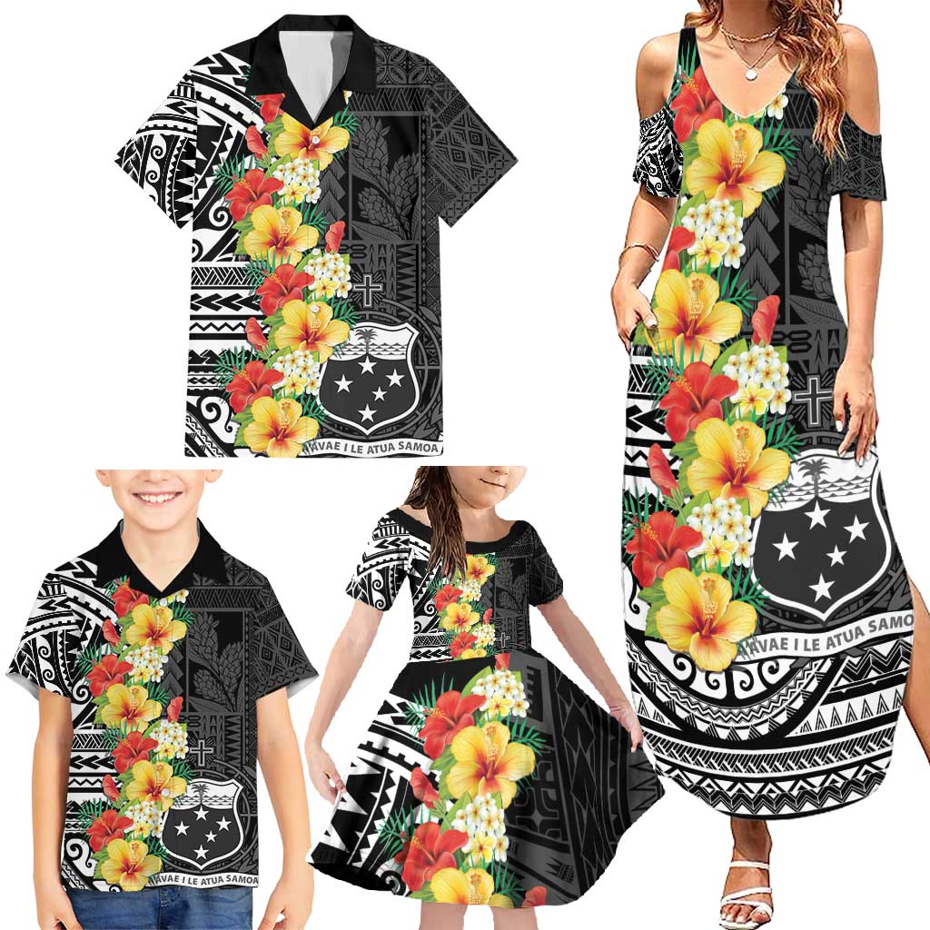 Samoa Tribal Hibiscus Flowers Family Matching Summer Maxi Dress and Hawaiian Shirt