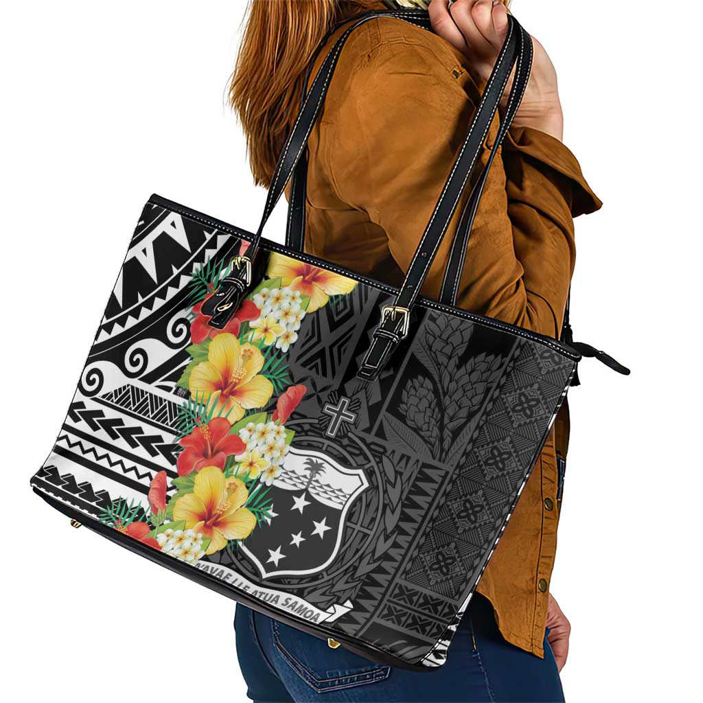 Samoa Tribal Hibiscus Flowers Leather Tote Bag