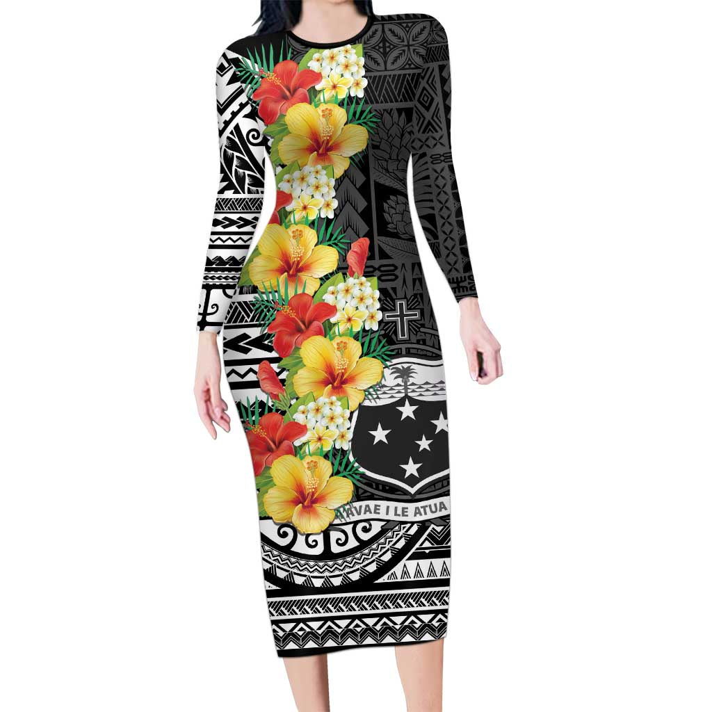 Samoa Tribal Hibiscus Flowers Long Sleeve Bodycon Dress