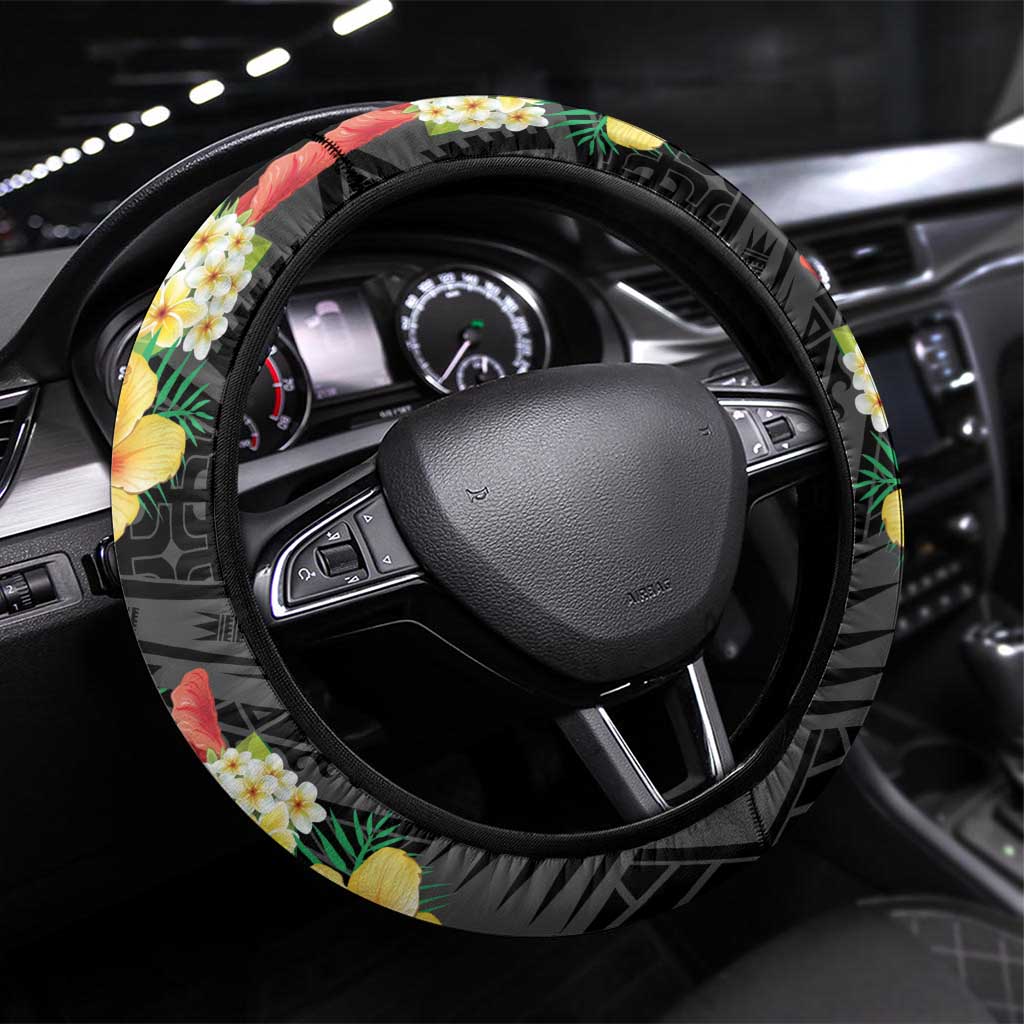 Samoa Tribal Hibiscus Flowers Steering Wheel Cover