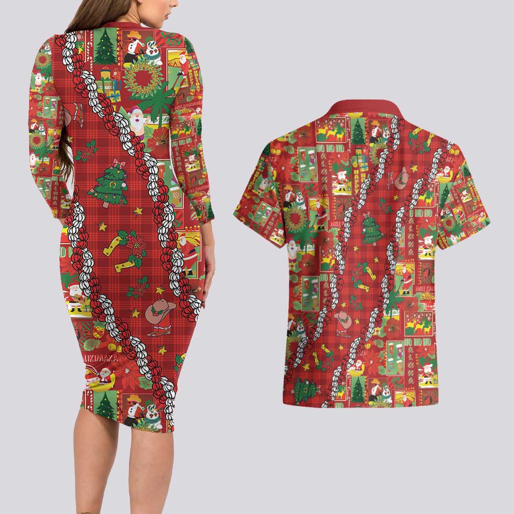 Mele Kalikimaka Pakalana Pikake Lei Couples Matching Long Sleeve Bodycon Dress and Hawaiian Shirt Hawaiian Rodeo Paniolo Omaomao Palaka - Polynesian Pride
