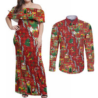 Mele Kalikimaka Pakalana Pikake Lei Couples Matching Off Shoulder Maxi Dress and Long Sleeve Button Shirt Hawaiian Rodeo Paniolo Omaomao Palaka - Polynesian Pride