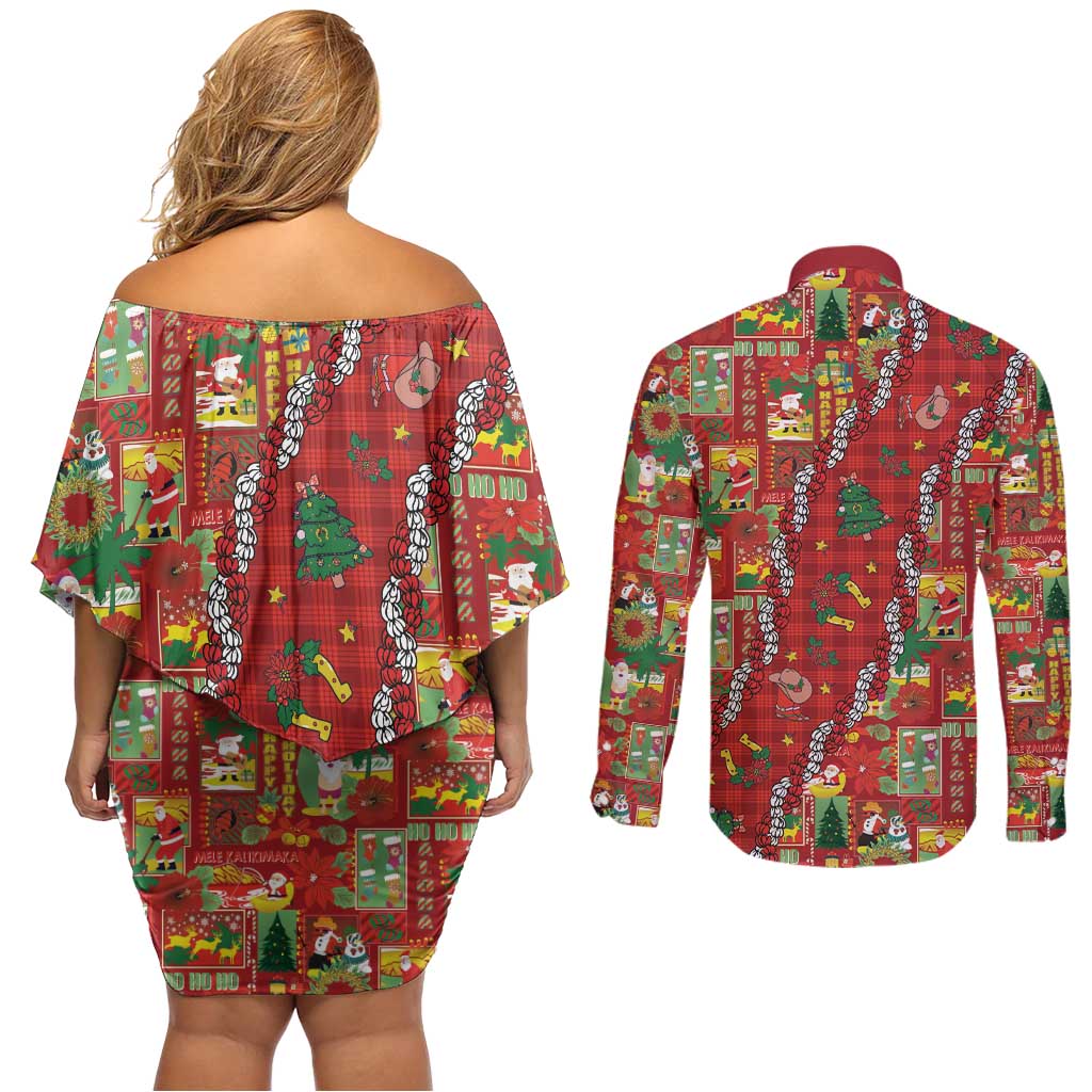 Mele Kalikimaka Pakalana Pikake Lei Couples Matching Off Shoulder Short Dress and Long Sleeve Button Shirt Hawaiian Rodeo Paniolo Omaomao Palaka - Polynesian Pride