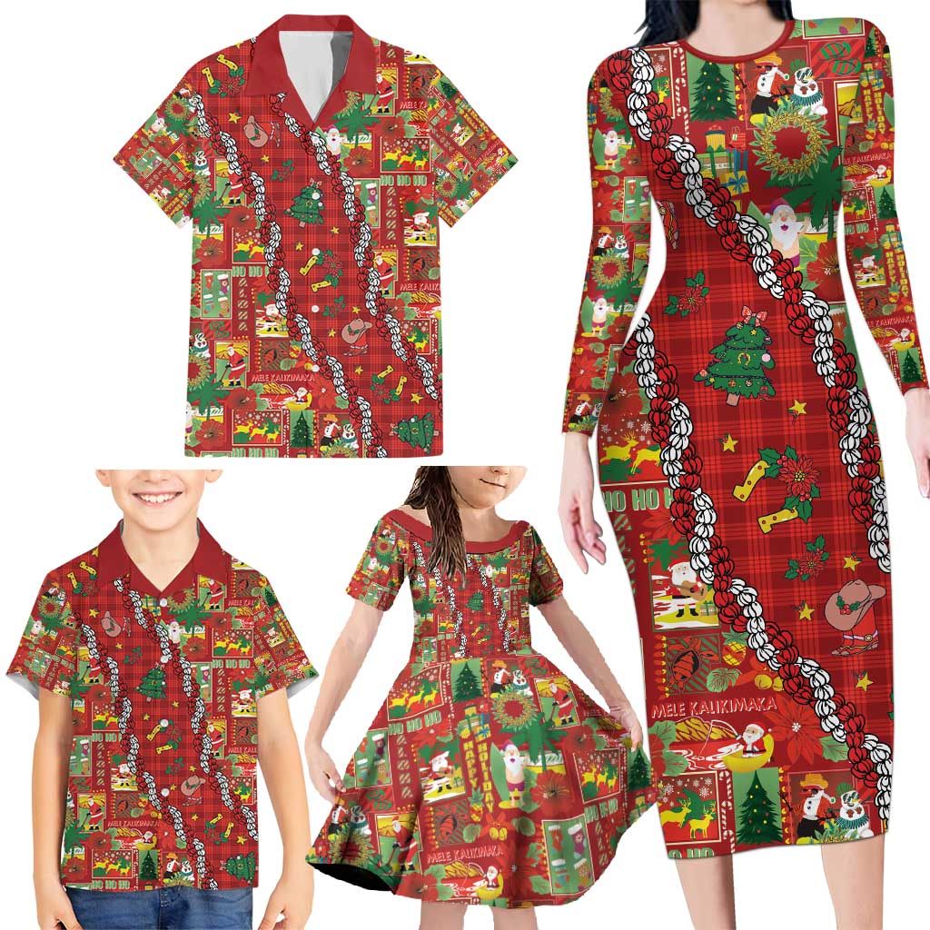 Mele Kalikimaka Pakalana Pikake Lei Family Matching Long Sleeve Bodycon Dress and Hawaiian Shirt Hawaiian Rodeo Paniolo Omaomao Palaka - Polynesian Pride