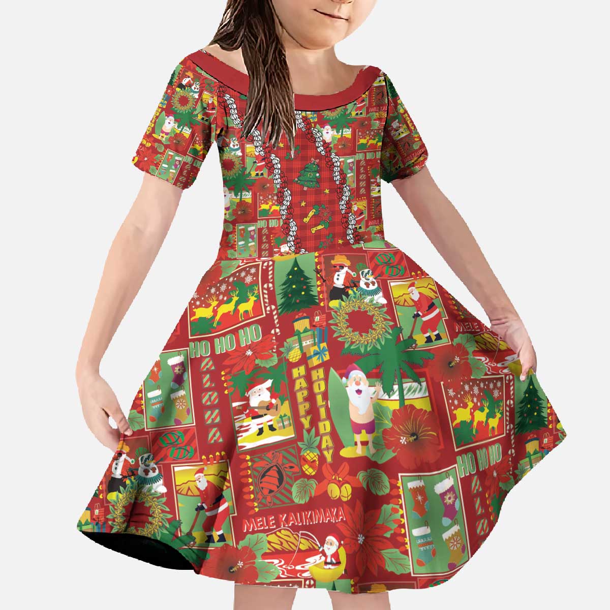 Mele Kalikimaka Pakalana Pikake Lei Family Matching Off The Shoulder Long Sleeve Dress and Hawaiian Shirt Hawaiian Rodeo Paniolo Omaomao Palaka - Polynesian Pride