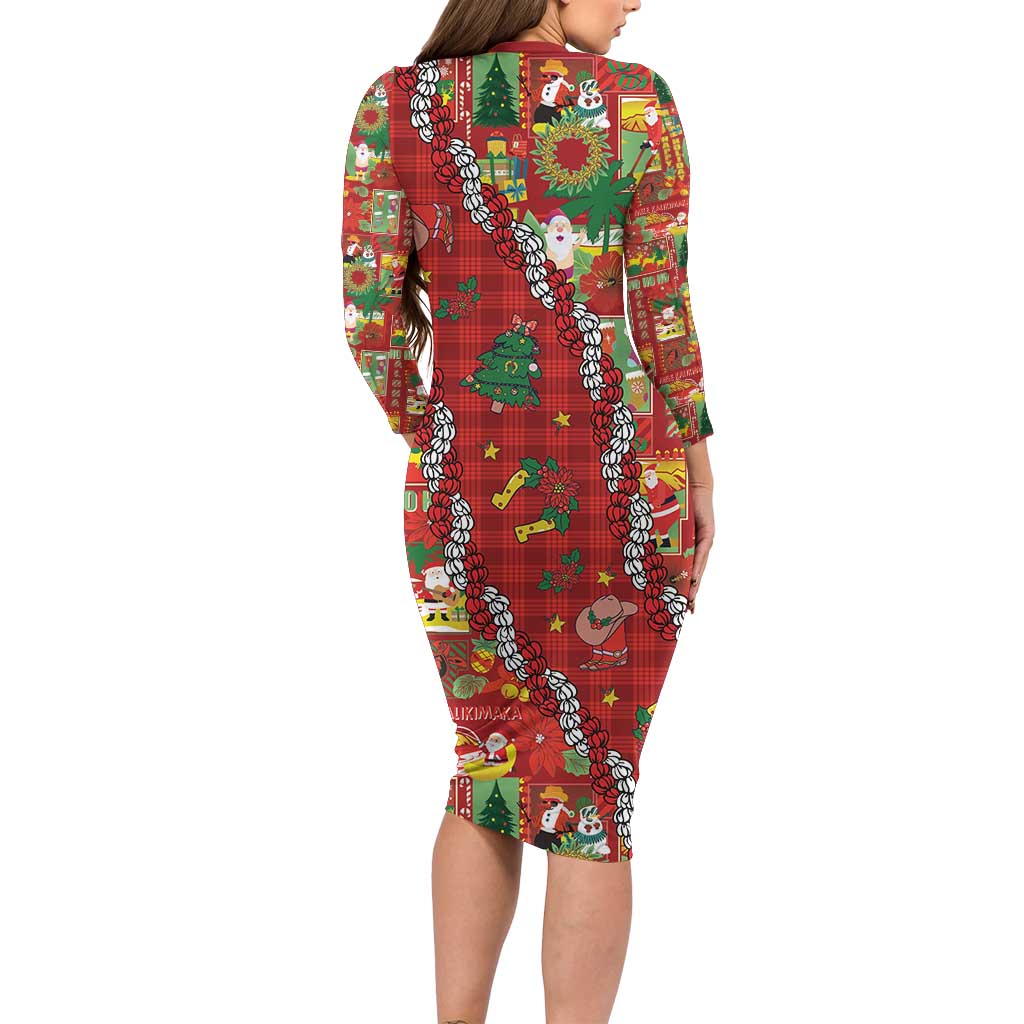 Mele Kalikimaka Pakalana Pikake Lei Long Sleeve Bodycon Dress Hawaiian Rodeo Paniolo Omaomao Palaka - Polynesian Pride