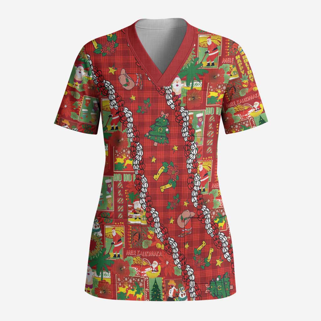Mele Kalikimaka Pakalana Pikake Lei Scrub Top Hawaiian Rodeo Paniolo Omaomao Palaka - Polynesian Pride