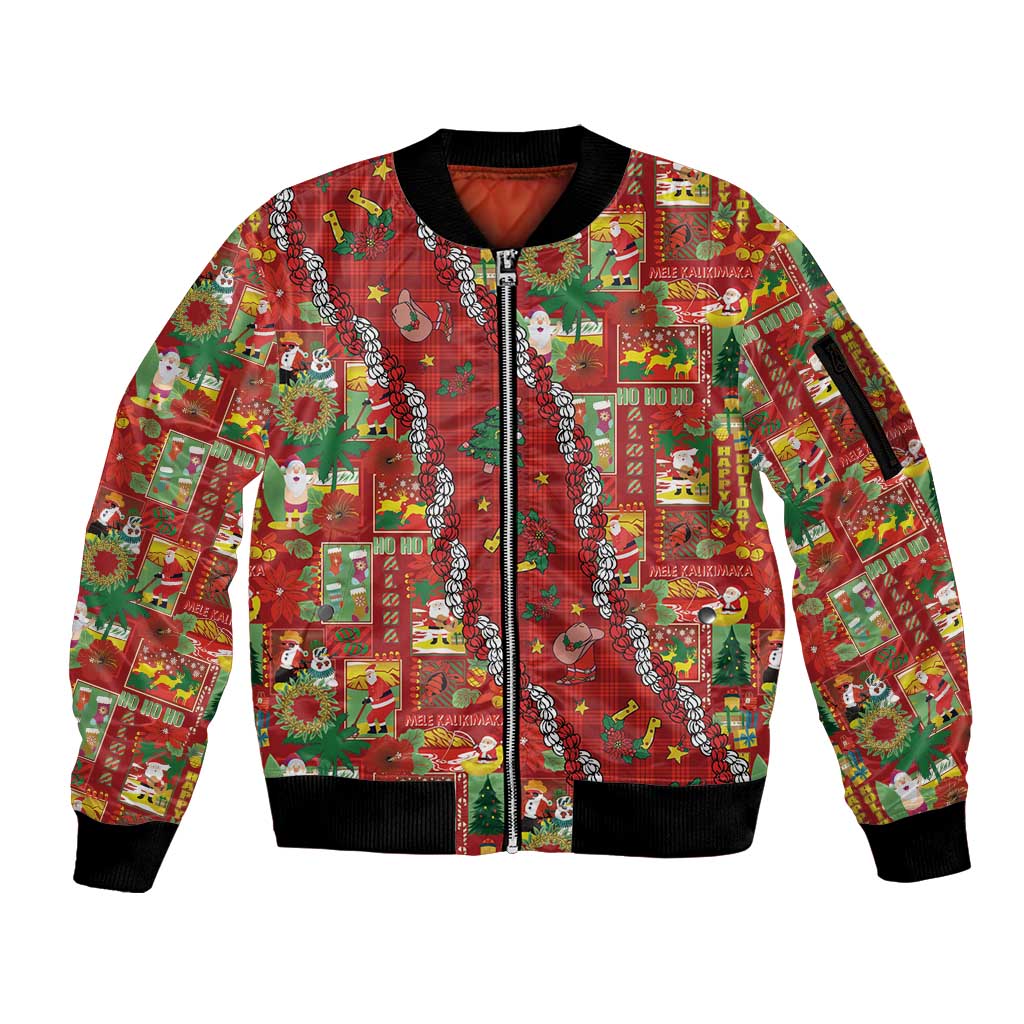 Mele Kalikimaka Pakalana Pikake Lei Sleeve Zip Bomber Jacket Hawaiian Rodeo Paniolo Omaomao Palaka - Polynesian Pride
