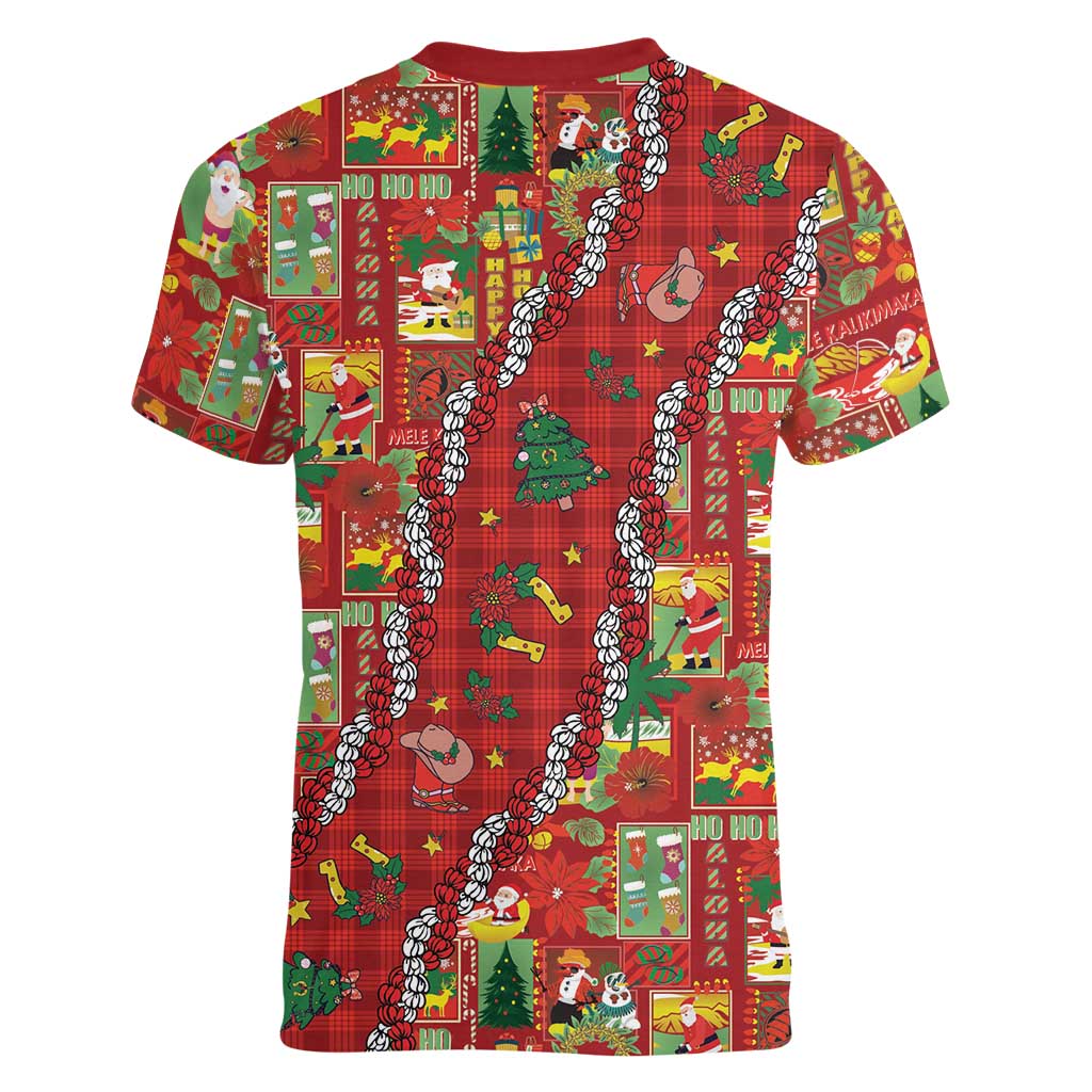 Mele Kalikimaka Pakalana Pikake Lei Women V-Neck T-Shirt Hawaiian Rodeo Paniolo Omaomao Palaka - Polynesian Pride