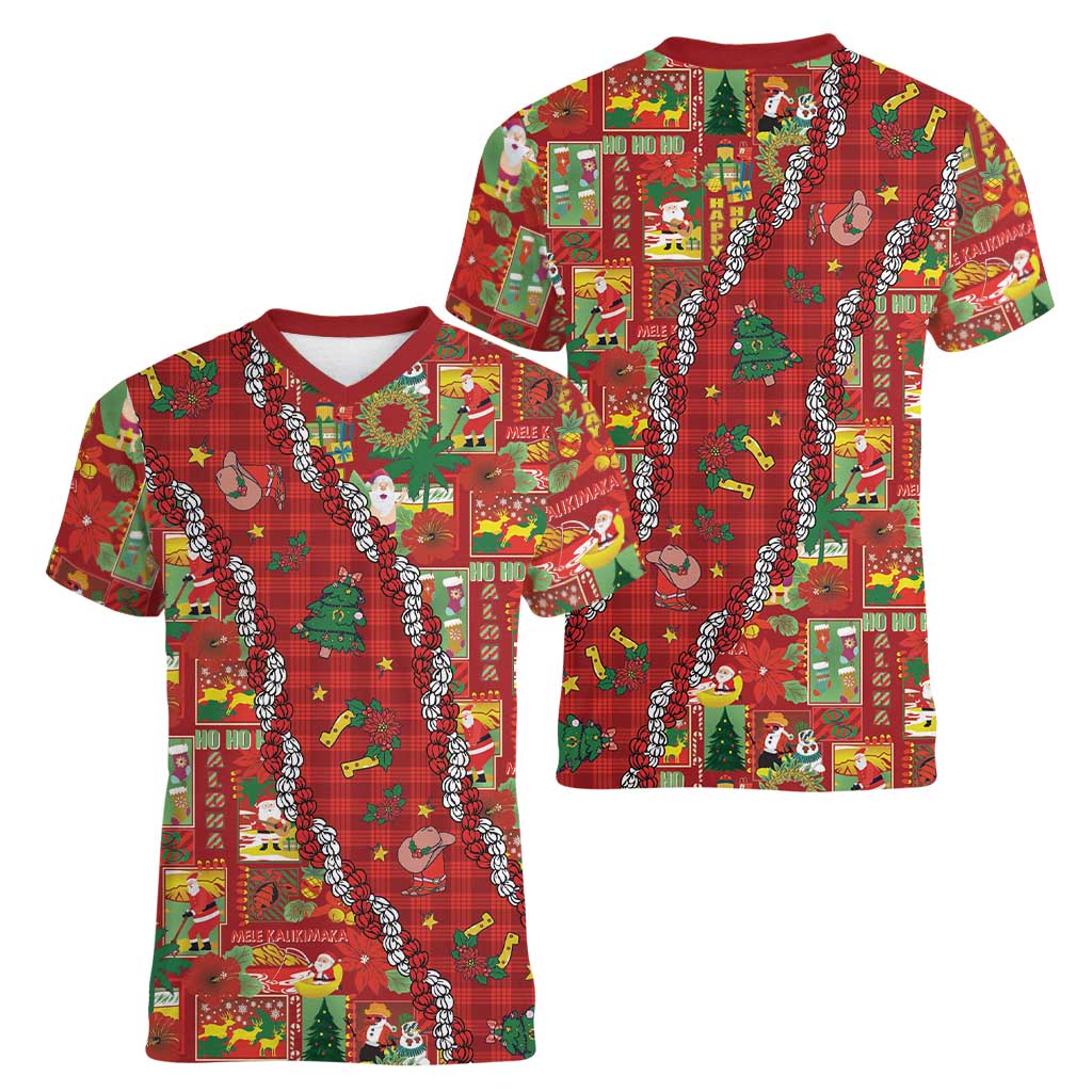 Mele Kalikimaka Pakalana Pikake Lei Women V-Neck T-Shirt Hawaiian Rodeo Paniolo Omaomao Palaka - Polynesian Pride