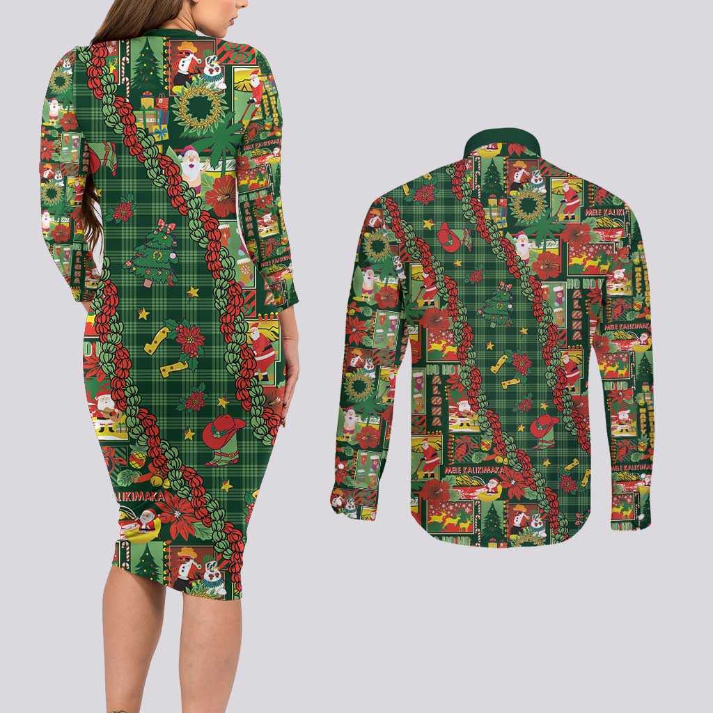 Mele Kalikimaka Pakalana Pikake Lei Couples Matching Long Sleeve Bodycon Dress and Long Sleeve Button Shirt Hawaiian Rodeo Paniolo Ulaula Palaka - Polynesian Pride