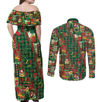 Mele Kalikimaka Pakalana Pikake Lei Couples Matching Off Shoulder Maxi Dress and Long Sleeve Button Shirt Hawaiian Rodeo Paniolo Ulaula Palaka - Polynesian Pride