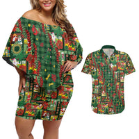 Mele Kalikimaka Pakalana Pikake Lei Couples Matching Off Shoulder Short Dress and Hawaiian Shirt Hawaiian Rodeo Paniolo Ulaula Palaka - Polynesian Pride