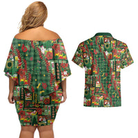 Mele Kalikimaka Pakalana Pikake Lei Couples Matching Off Shoulder Short Dress and Hawaiian Shirt Hawaiian Rodeo Paniolo Ulaula Palaka - Polynesian Pride