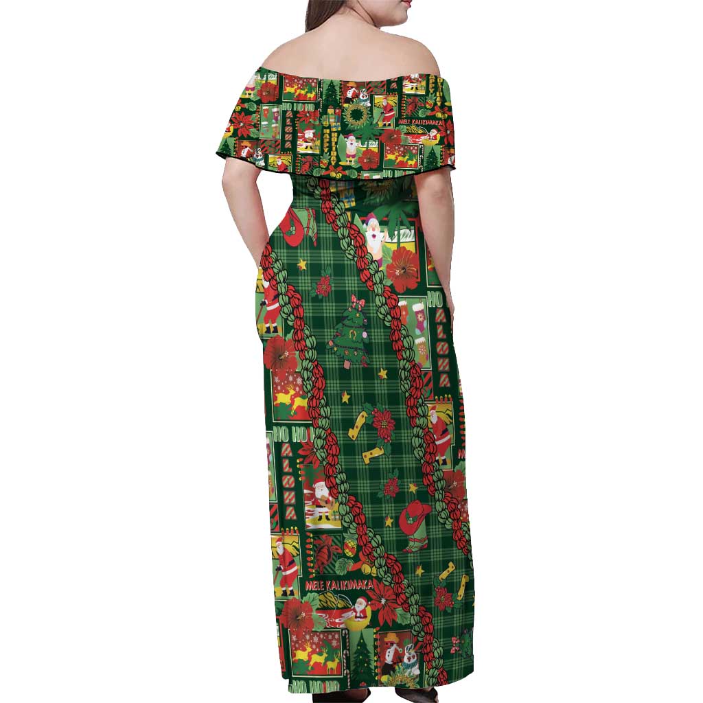 Mele Kalikimaka Pakalana Pikake Lei Off Shoulder Maxi Dress Hawaiian Rodeo Paniolo Ulaula Palaka - Polynesian Pride