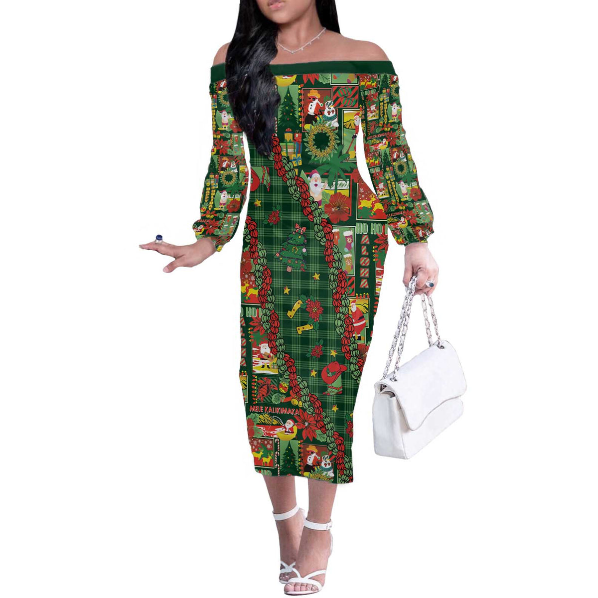 Mele Kalikimaka Pakalana Pikake Lei Off The Shoulder Long Sleeve Dress Hawaiian Rodeo Paniolo Ulaula Palaka - Polynesian Pride