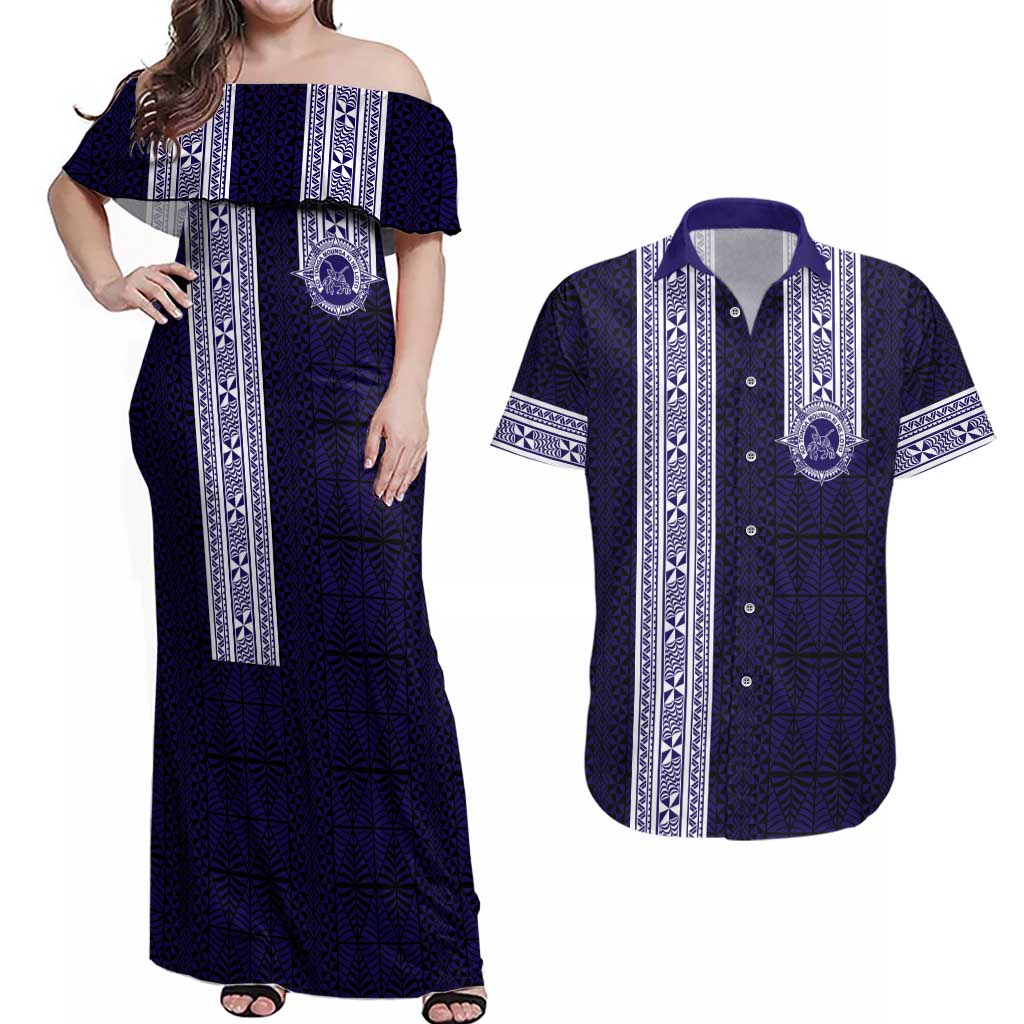 Tonga Queen Salote College 100 years Couples Matching Off Shoulder Maxi Dress and Hawaiian Shirt QSC 1926-2026 Tongan Pattern LT9 Blue - Polynesian Pride