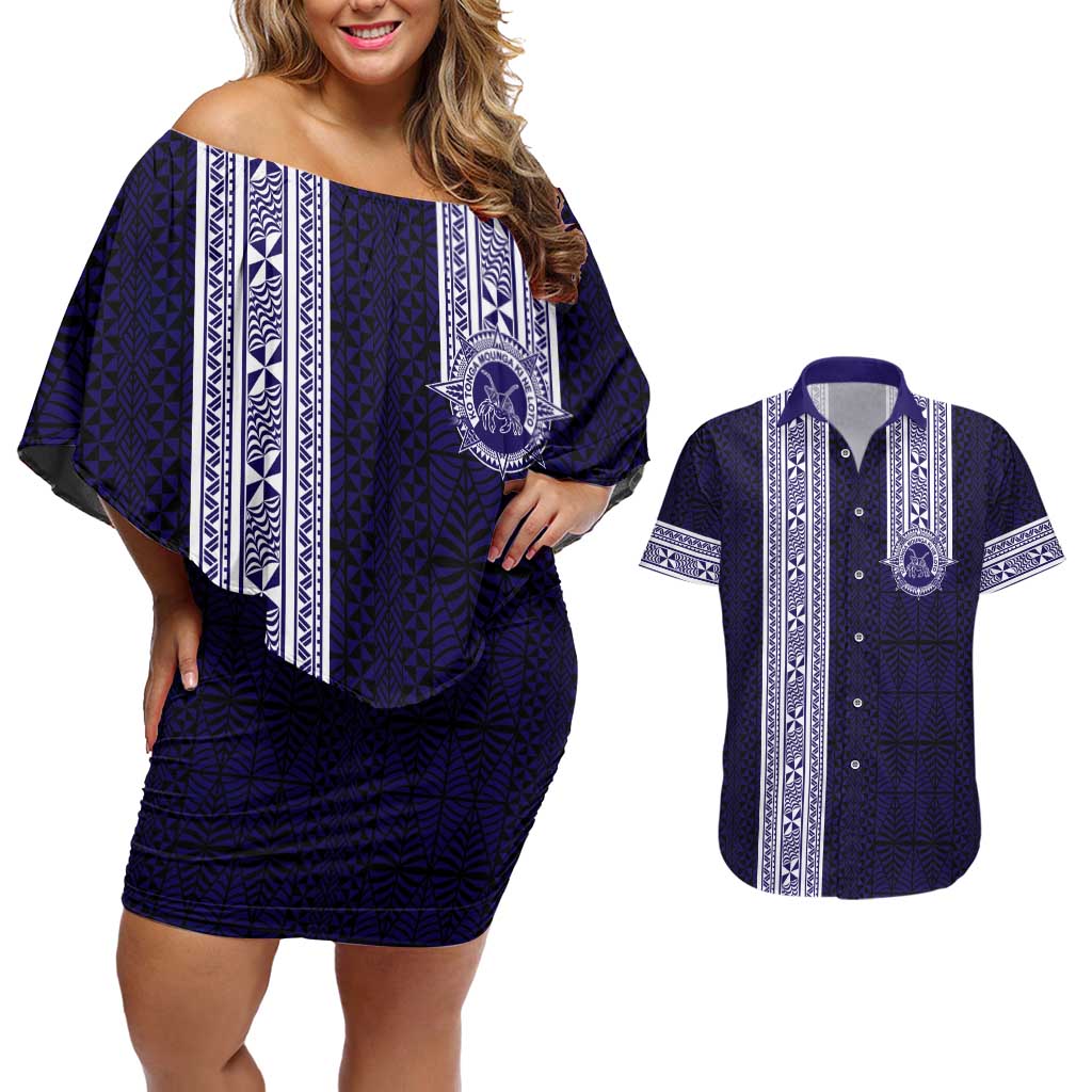 Tonga Queen Salote College 100 years Couples Matching Off Shoulder Short Dress and Hawaiian Shirt QSC 1926-2026 Tongan Pattern LT9 Blue - Polynesian Pride