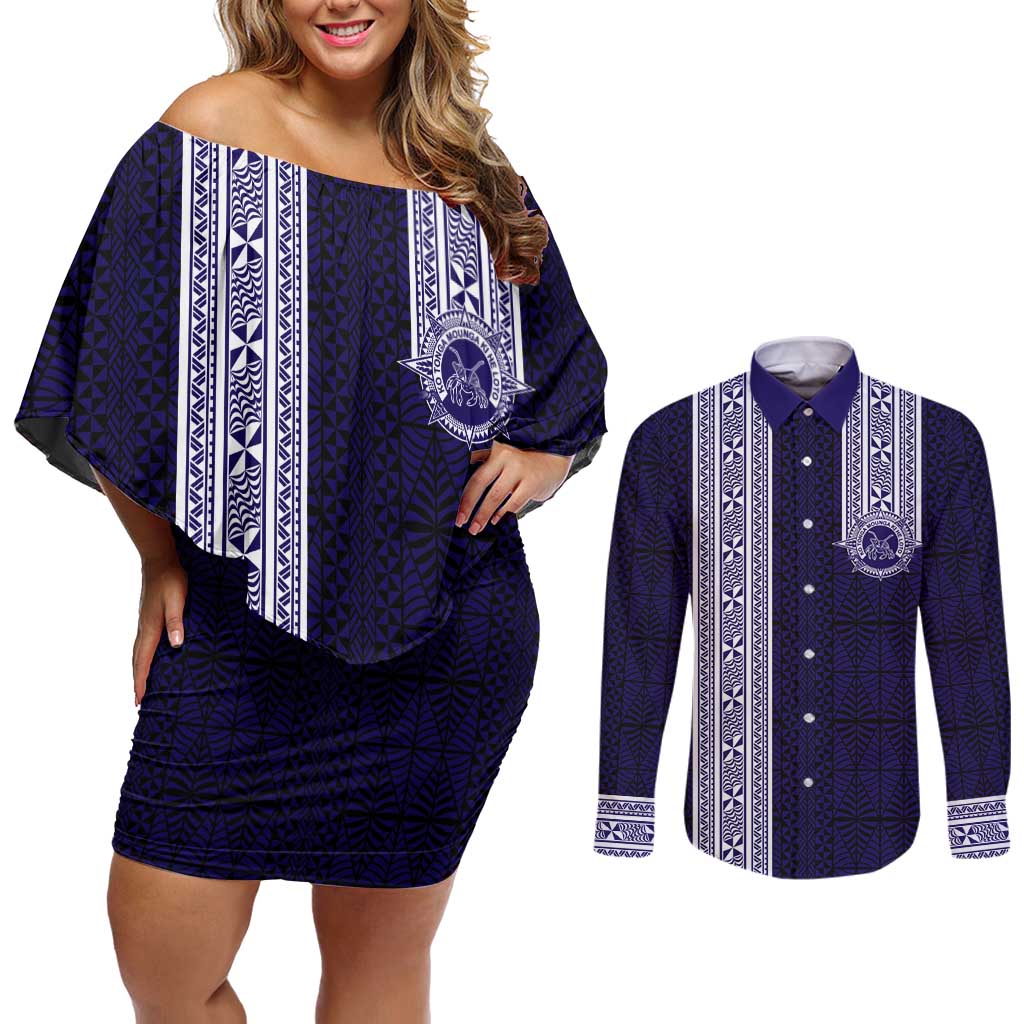 Tonga Queen Salote College 100 years Couples Matching Off Shoulder Short Dress and Long Sleeve Button Shirt QSC 1926-2026 Tongan Pattern LT9 Blue - Polynesian Pride