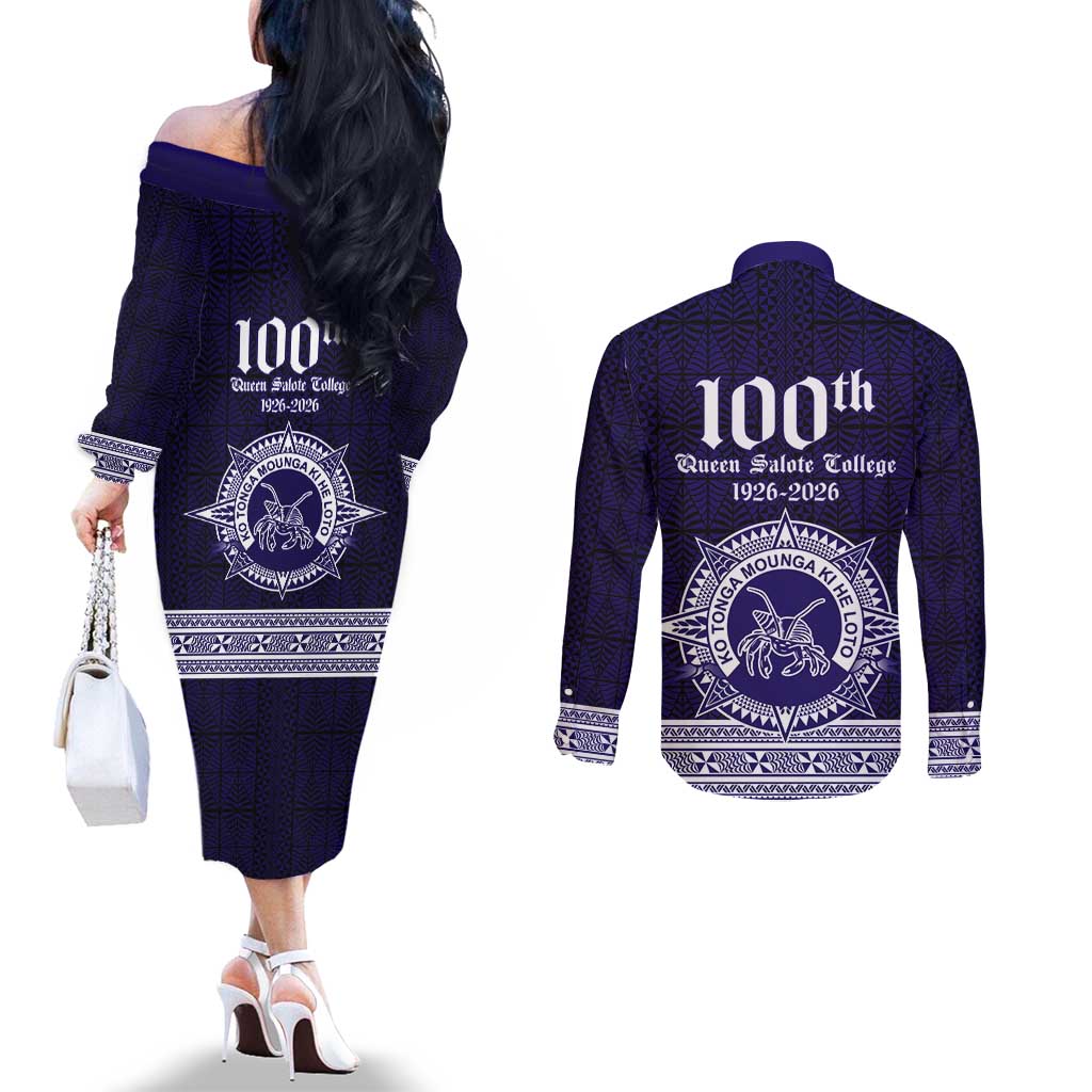 Tonga Queen Salote College 100 years Couples Matching Off The Shoulder Long Sleeve Dress and Long Sleeve Button Shirt QSC 1926-2026 Tongan Pattern