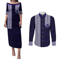 Tonga Queen Salote College 100 years Couples Matching Puletasi and Long Sleeve Button Shirt QSC 1926-2026 Tongan Pattern LT9 Blue - Polynesian Pride