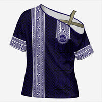 Tonga Queen Salote College 100 years Cross Shoulder Shirt QSC 1926-2026 Tongan Pattern LT9 Female Blue - Polynesian Pride