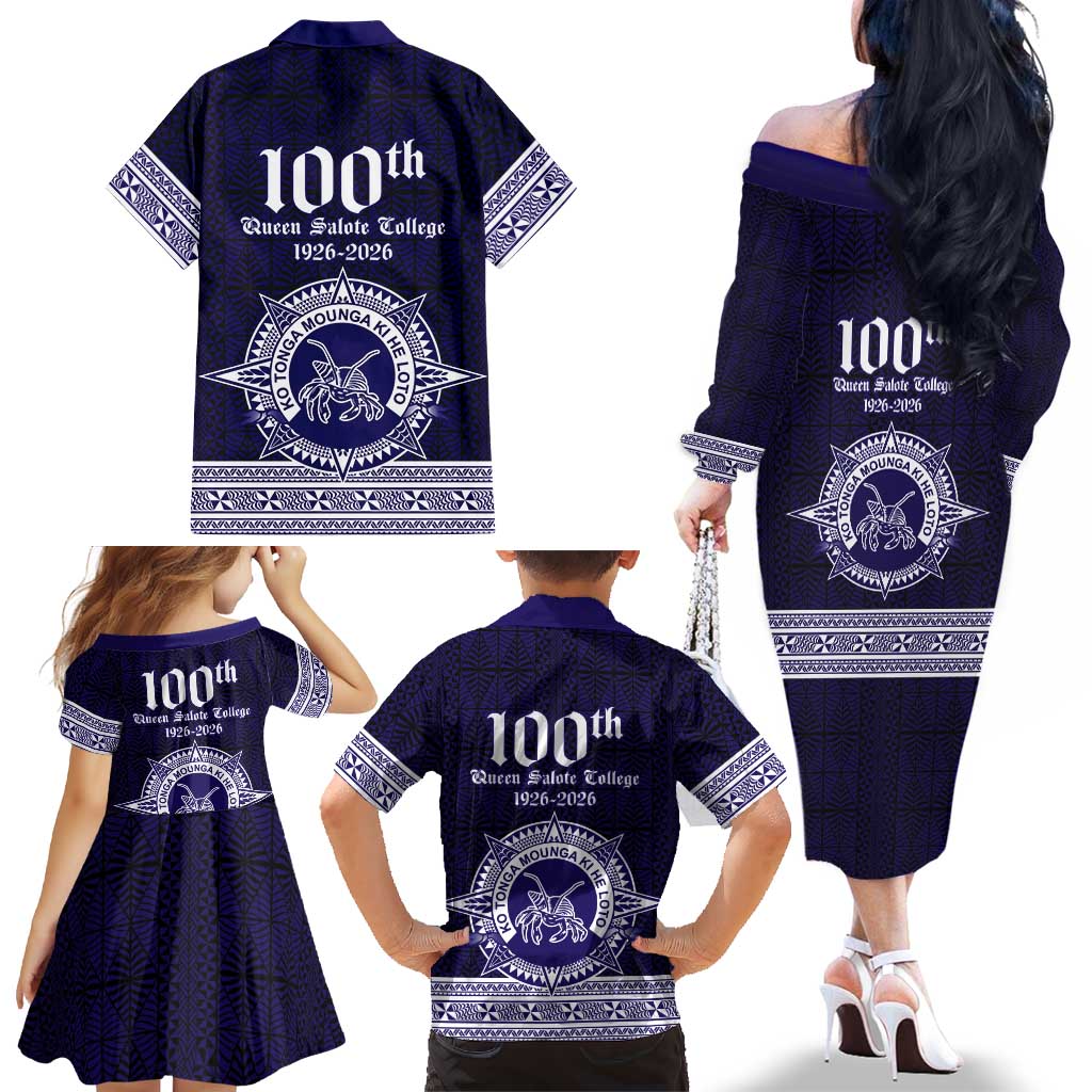 Tonga Queen Salote College 100 years Family Matching Off The Shoulder Long Sleeve Dress and Hawaiian Shirt QSC 1926-2026 Tongan Pattern
