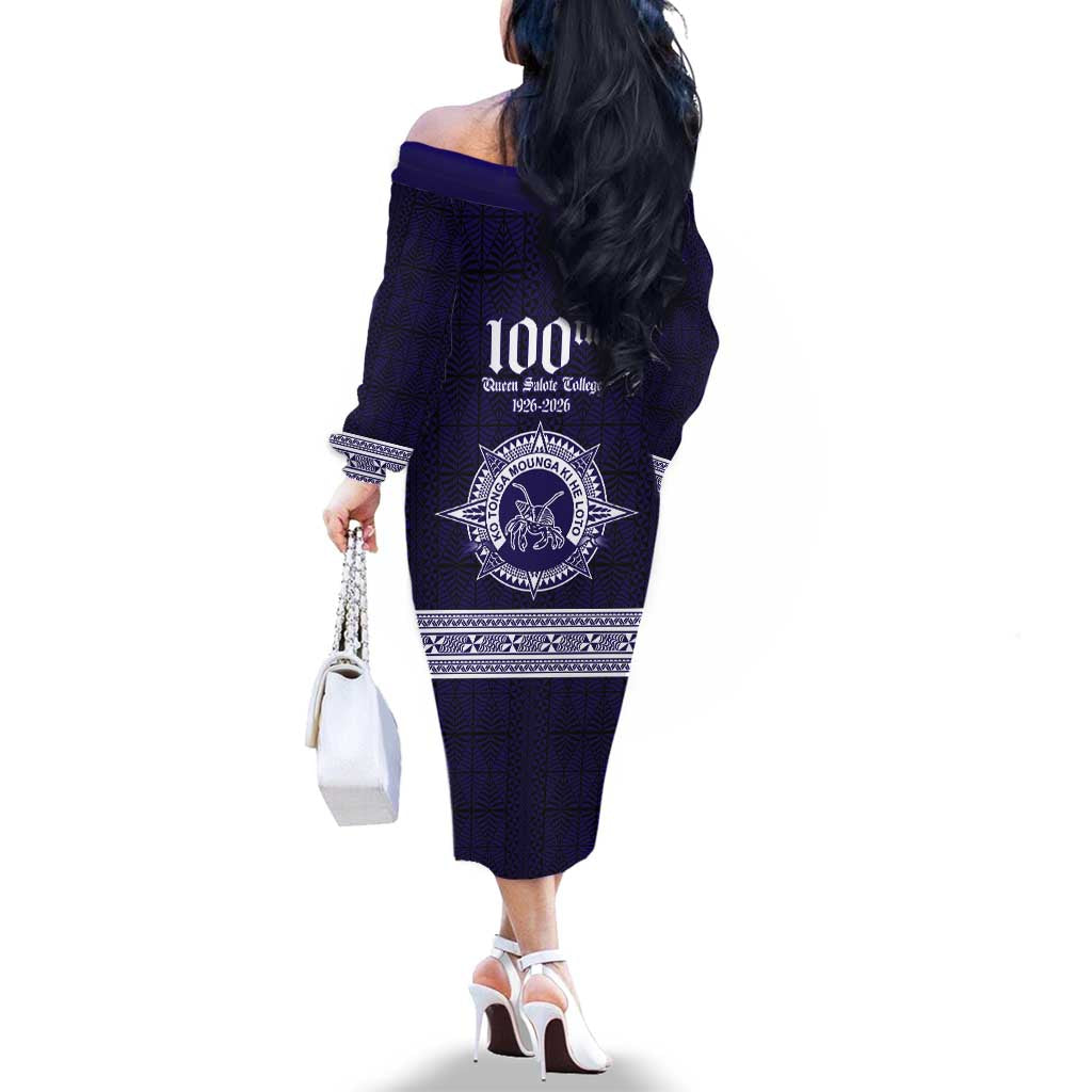 Tonga Queen Salote College 100 years Family Matching Off The Shoulder Long Sleeve Dress and Hawaiian Shirt QSC 1926-2026 Tongan Pattern