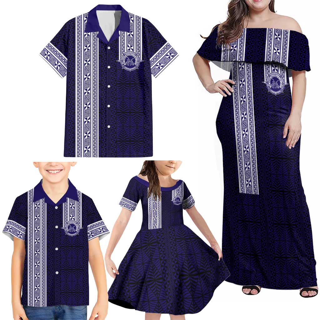 Tonga Queen Salote College 100 years Family Matching Off Shoulder Maxi Dress and Hawaiian Shirt QSC 1926-2026 Tongan Pattern
