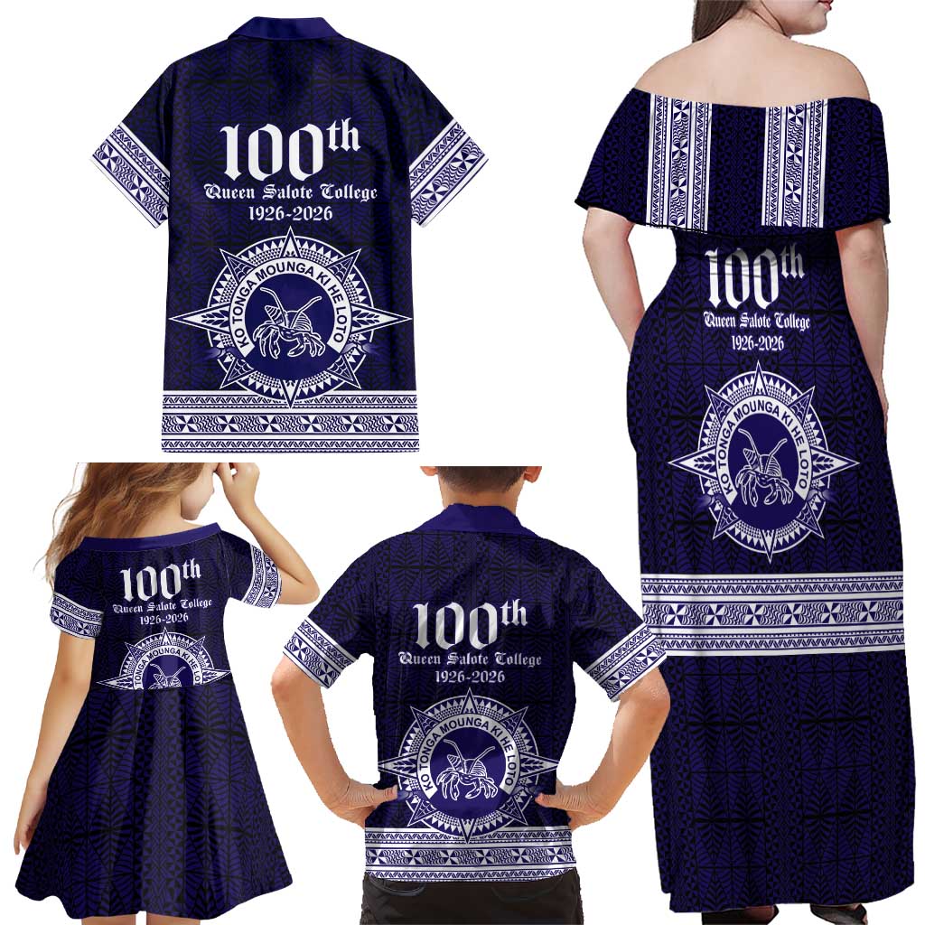 Tonga Queen Salote College 100 years Family Matching Off Shoulder Maxi Dress and Hawaiian Shirt QSC 1926-2026 Tongan Pattern