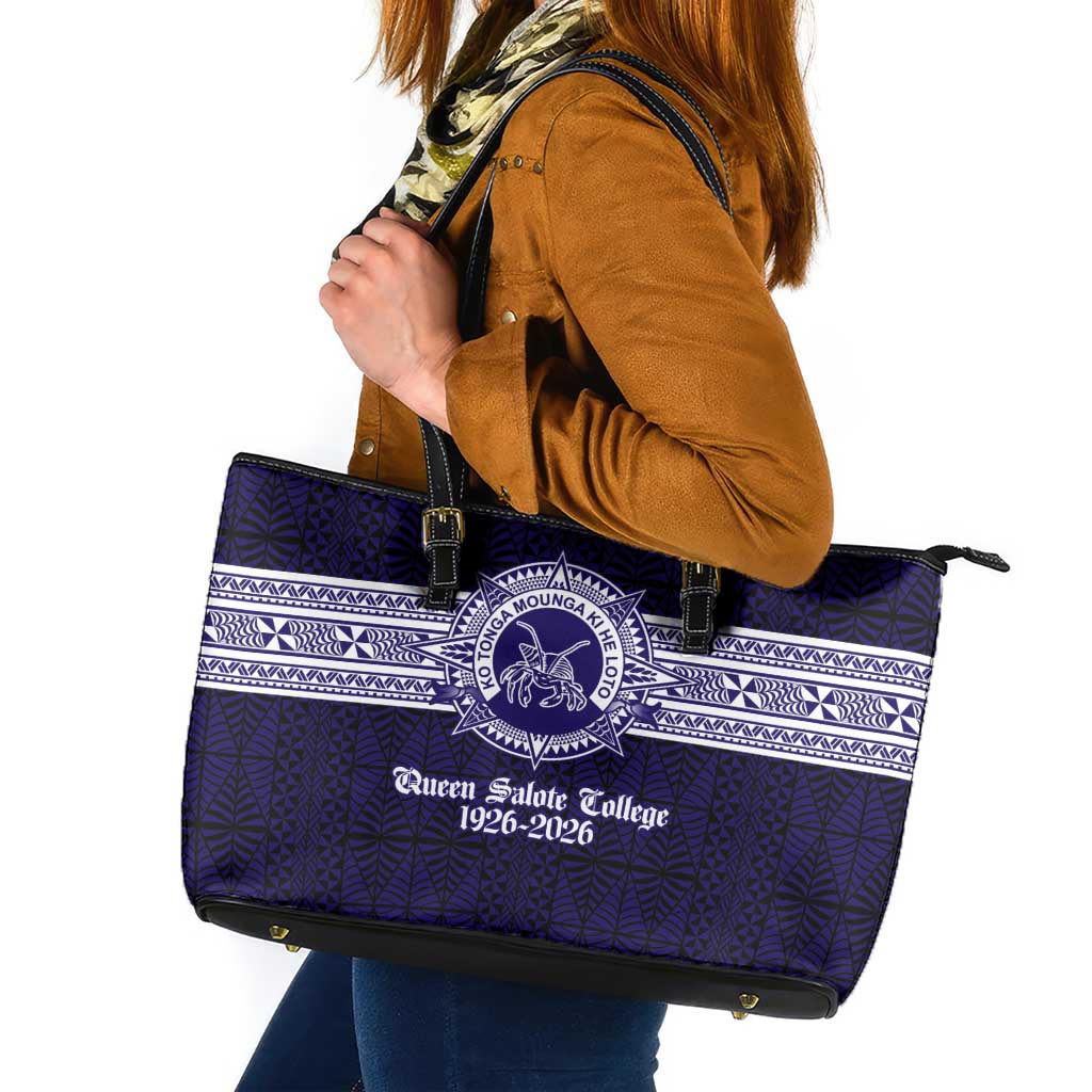 Tonga Queen Salote College 100 years Leather Tote Bag QSC 1926-2026 Tongan Pattern LT9 Blue - Polynesian Pride