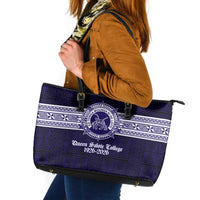 Tonga Queen Salote College 100 years Leather Tote Bag QSC 1926-2026 Tongan Pattern LT9 Blue - Polynesian Pride