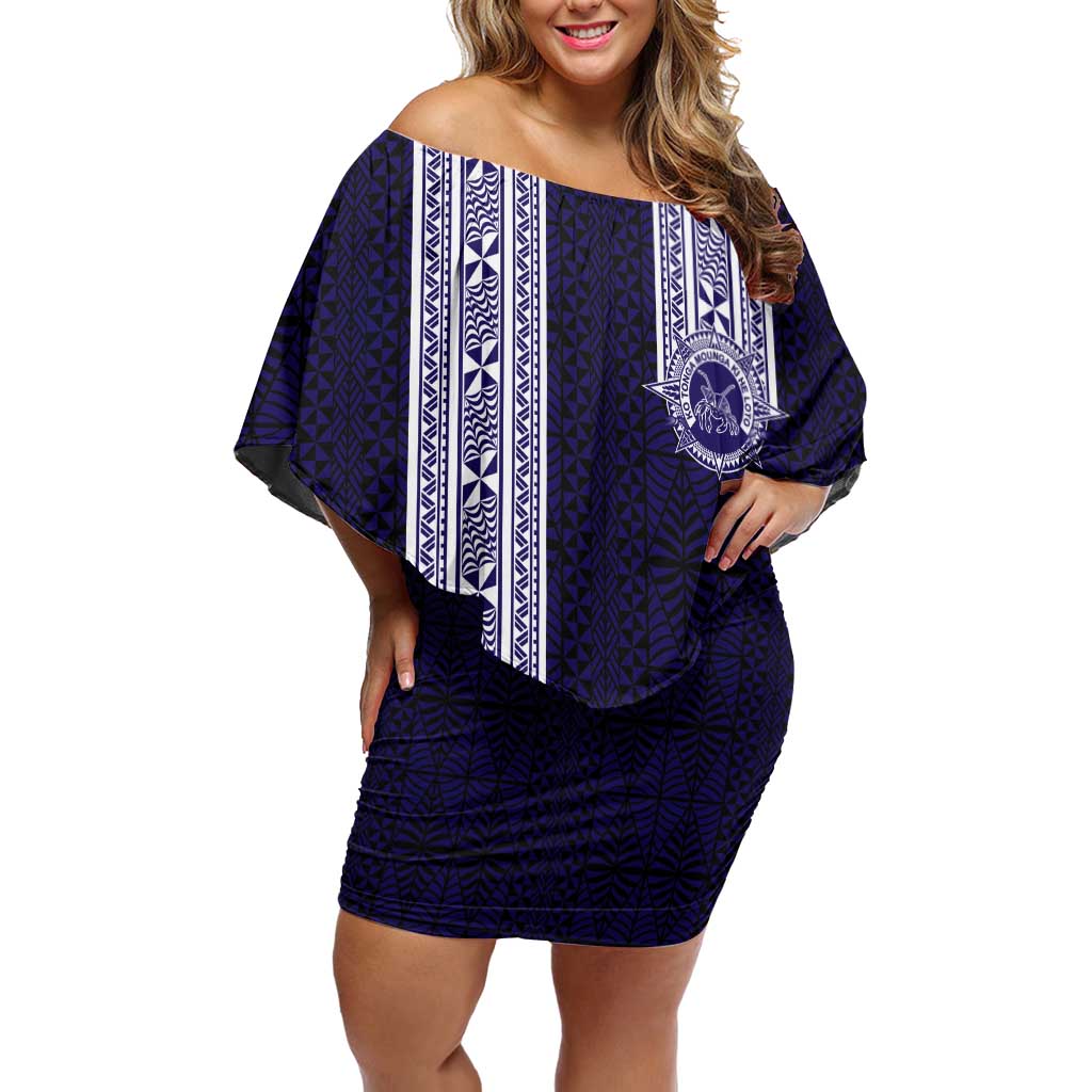 Tonga Queen Salote College 100 years Off Shoulder Short Dress QSC 1926-2026 Tongan Pattern LT9 Women Blue - Polynesian Pride