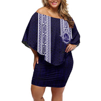 Tonga Queen Salote College 100 years Off Shoulder Short Dress QSC 1926-2026 Tongan Pattern LT9 Women Blue - Polynesian Pride