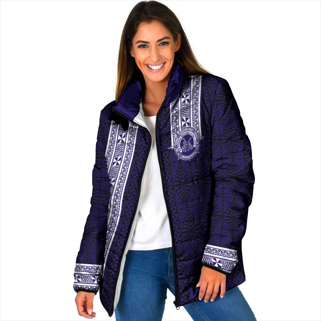 Tonga Queen Salote College 100 years Padded Jacket QSC 1926-2026 Tongan Pattern LT9 Women Blue - Polynesian Pride