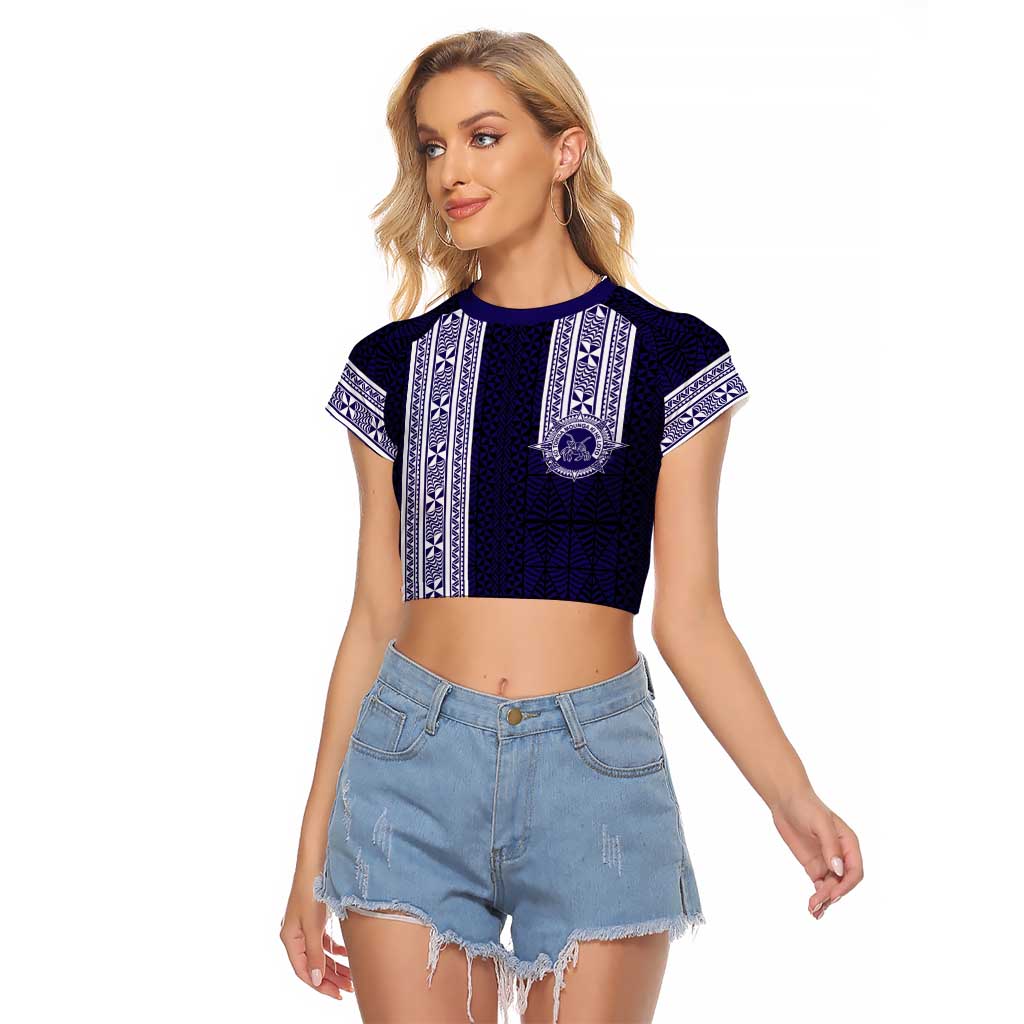 Tonga Queen Salote College 100 years Raglan Cropped T Shirt QSC 1926-2026 Tongan Pattern LT9 Female Blue - Polynesian Pride