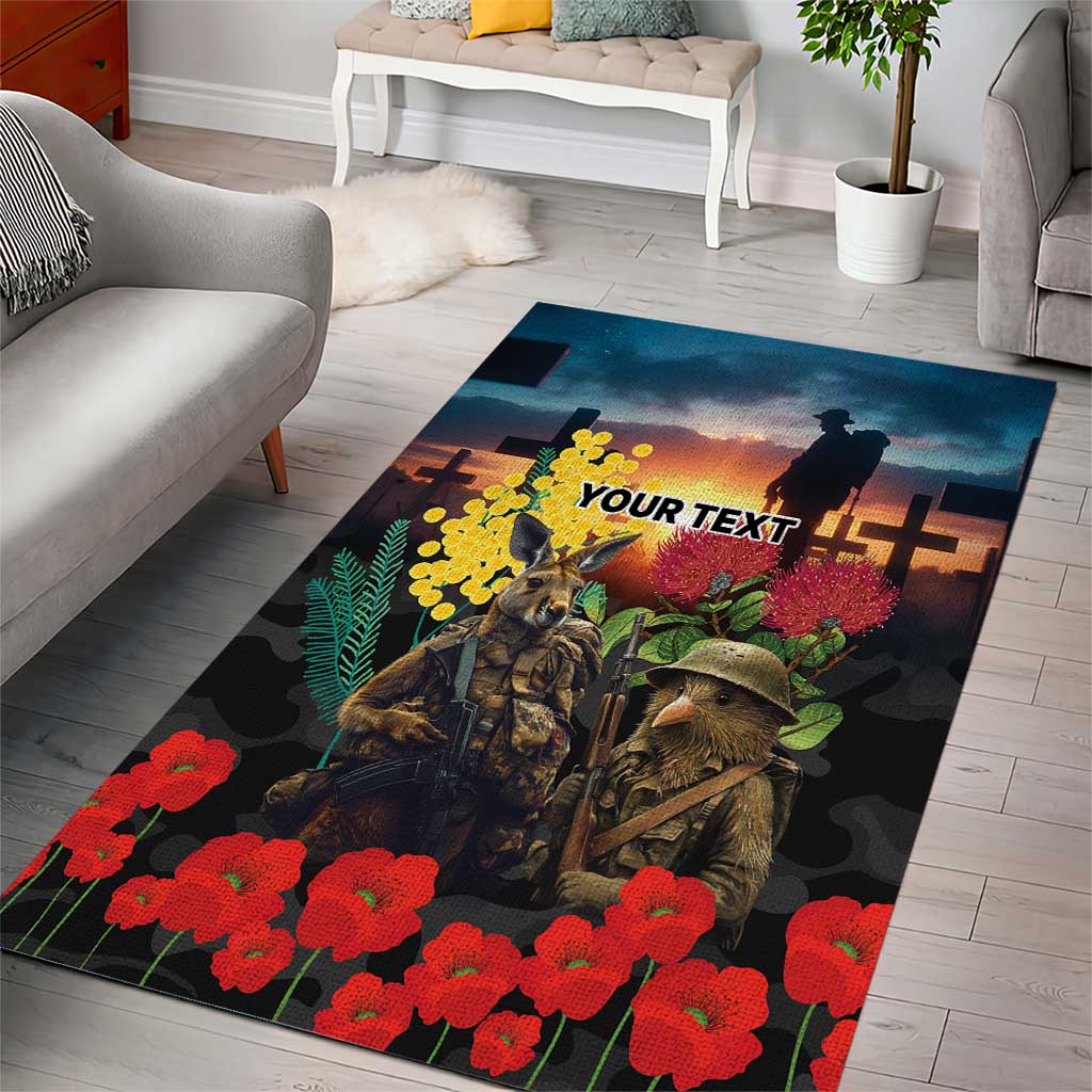 Kangaroo-Kiwi Soldier ANZAC Personalised Area Rug Golden Wattle and Pohutukawa Flowers
