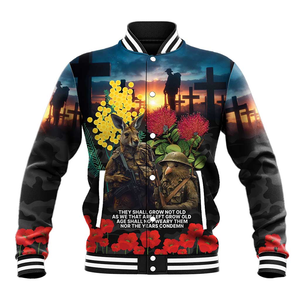 Kangaroo-Kiwi Soldier ANZAC Personalised Baseball Jacket Golden Wattle and Pohutukawa Flowers LT9 Unisex Black - Polynesian Pride