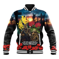 Kangaroo-Kiwi Soldier ANZAC Personalised Baseball Jacket Golden Wattle and Pohutukawa Flowers LT9 Unisex Black - Polynesian Pride