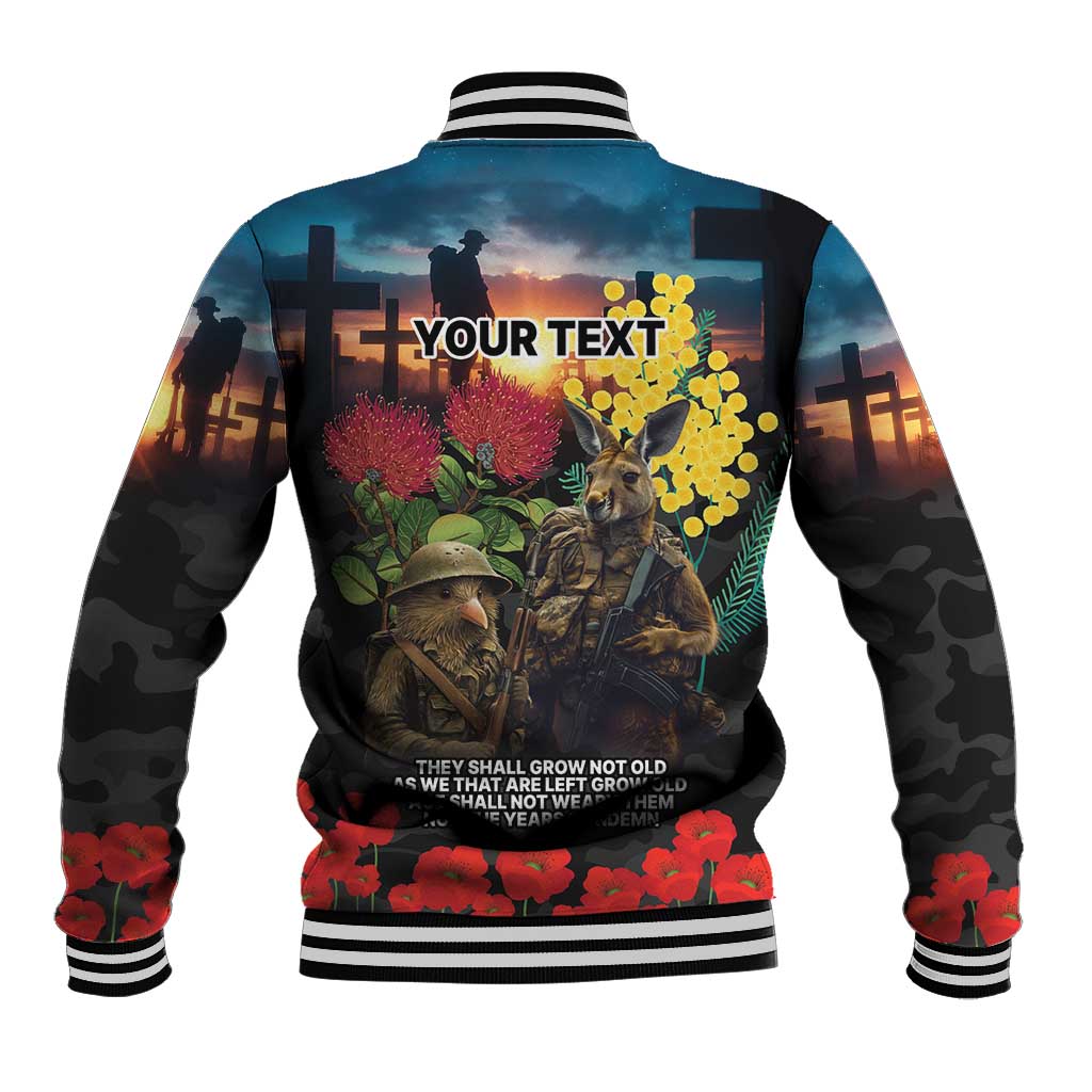 Kangaroo-Kiwi Soldier ANZAC Personalised Baseball Jacket Golden Wattle and Pohutukawa Flowers LT9 - Polynesian Pride