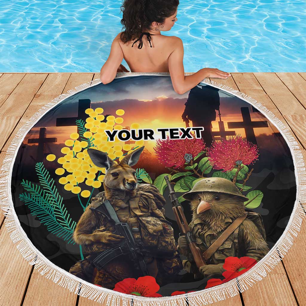 Kangaroo-Kiwi Soldier ANZAC Personalised Beach Blanket Golden Wattle and Pohutukawa Flowers LT9 - Polynesian Pride