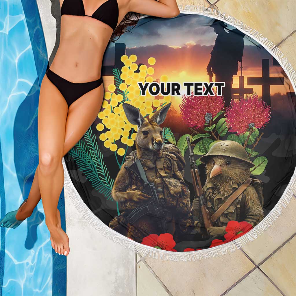 Kangaroo-Kiwi Soldier ANZAC Personalised Beach Blanket Golden Wattle and Pohutukawa Flowers LT9 - Polynesian Pride