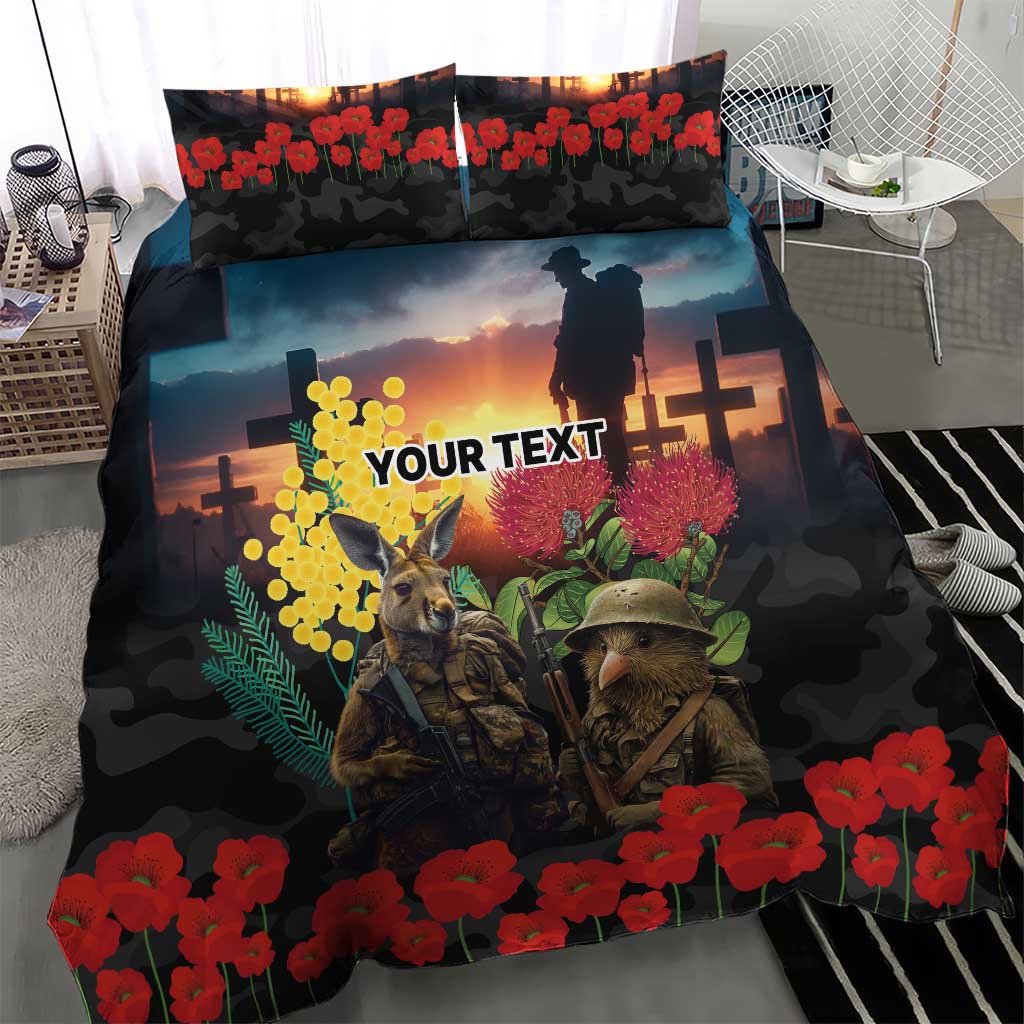 Kangaroo-Kiwi Soldier ANZAC Personalised Bedding Set Golden Wattle and Pohutukawa Flowers