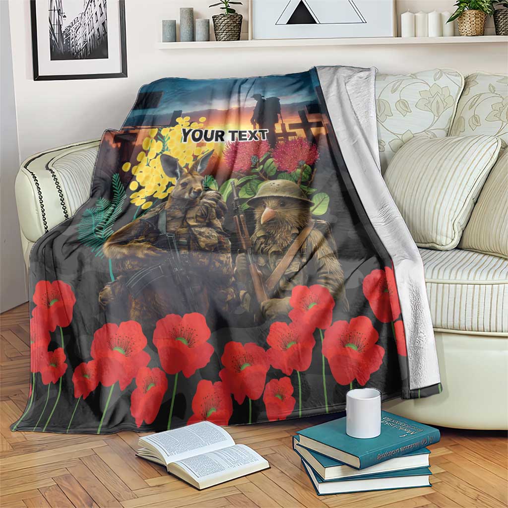 Kangaroo-Kiwi Soldier ANZAC Personalised Blanket Golden Wattle and Pohutukawa Flowers LT9 Black - Polynesian Pride