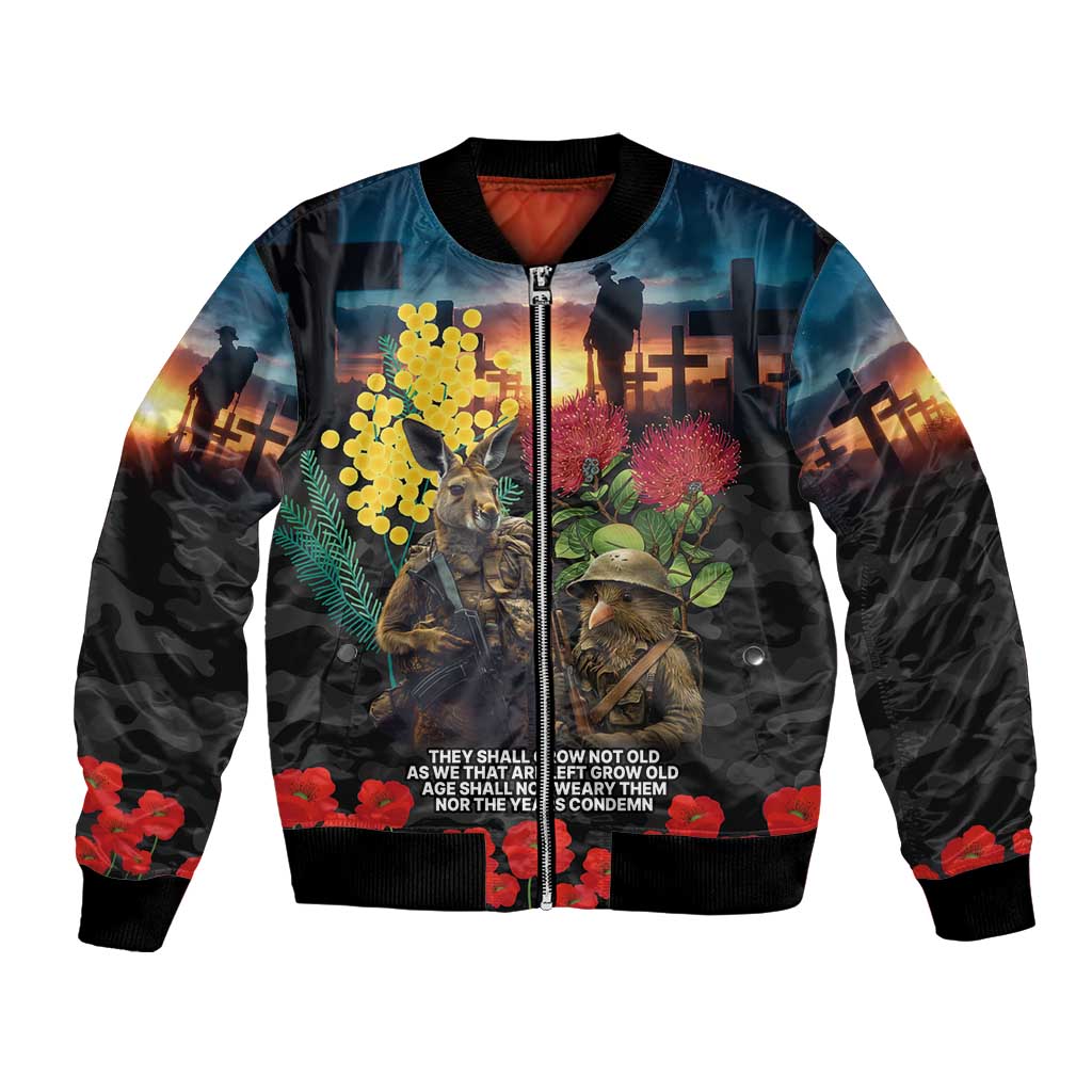 Kangaroo-Kiwi Soldier ANZAC Personalised Bomber Jacket Golden Wattle and Pohutukawa Flowers