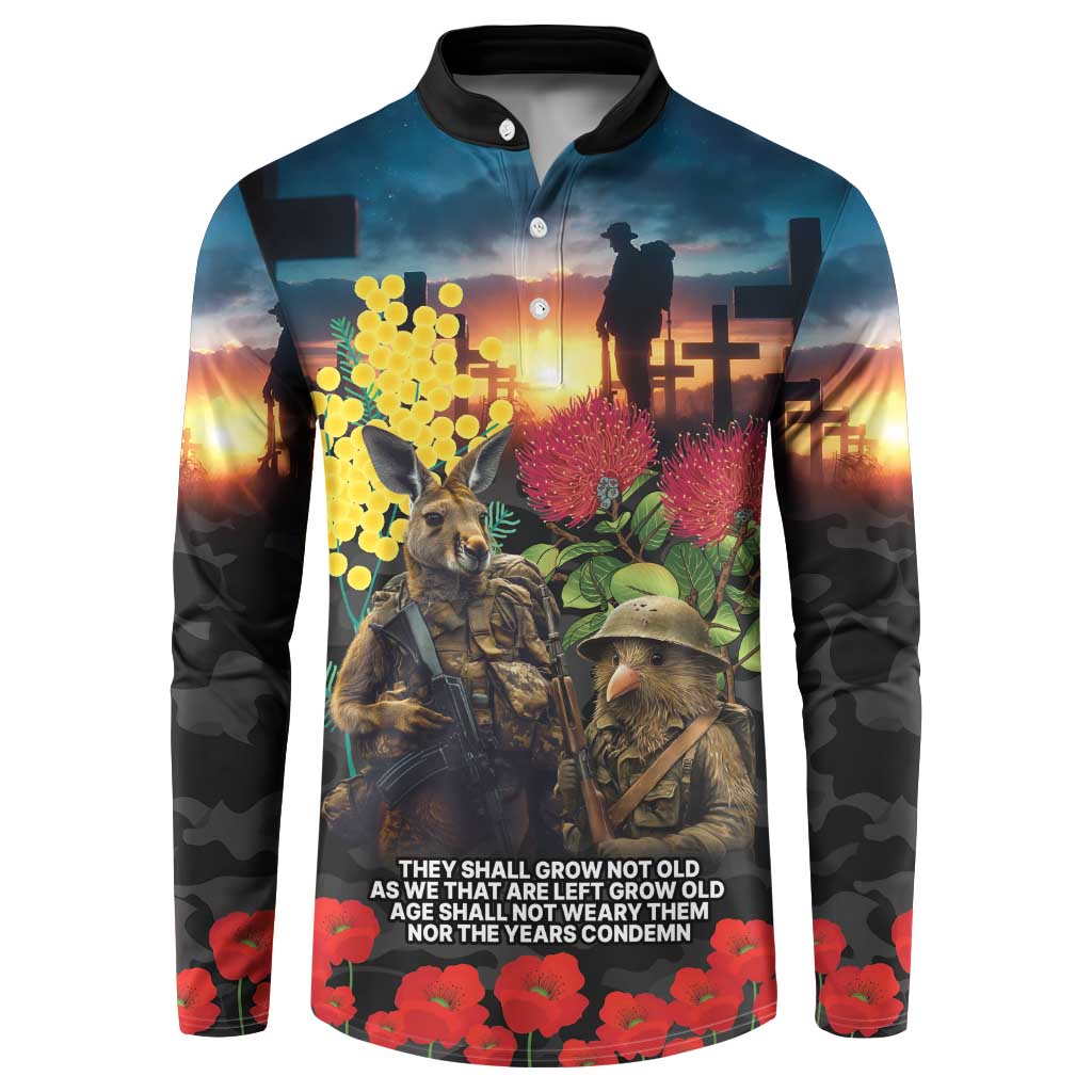 Kangaroo-Kiwi Soldier ANZAC Personalised Button Sweatshirt Golden Wattle and Pohutukawa Flowers LT9 Black - Polynesian Pride